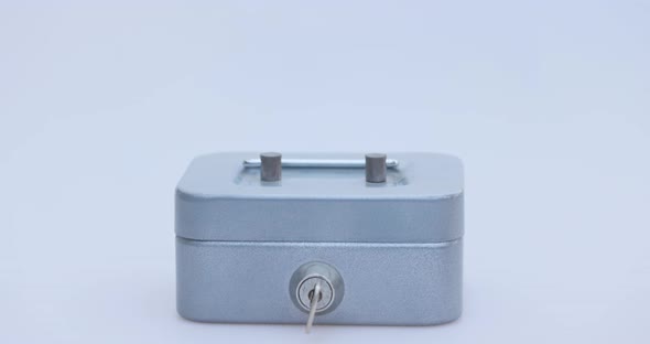 Male Hand Puts a Cryptocoin Litecoin or LTC in a Small Grey Vault Safe or Piggy Bank Depicting alt