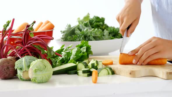 Mid-section of woman cutting vegetables on chopping board alt