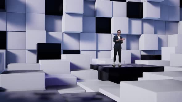 Tv Presenter in Virtual Studio News with White and Black Cubes