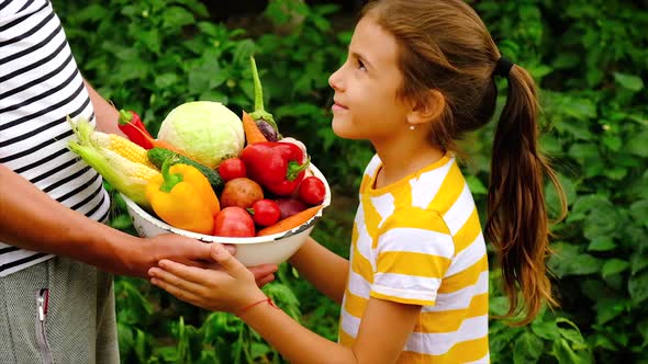 Male Farmer with with Children Holding a Crop of Vegetables alt
