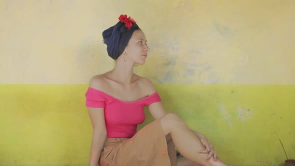 Sexy Authentic Girl Posing Outdoors on Vintage Wall Background Natural Light. Young Woman in alt