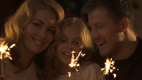 Beautiful Family Rejoicing Twinkling Bengal Light, Smiling for Camera, Christmas alt