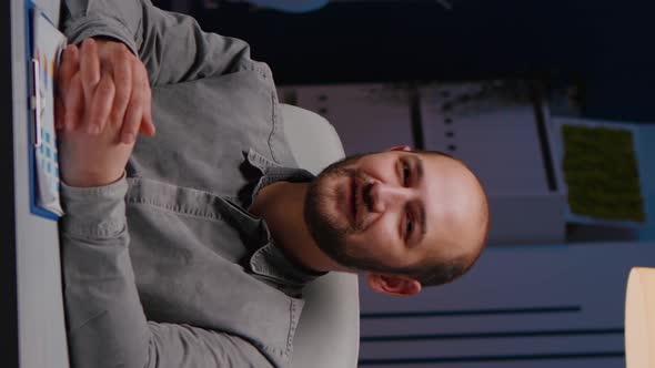 Pov of Businessman Explaining Marketing Project During Company Webinar Videocall alt