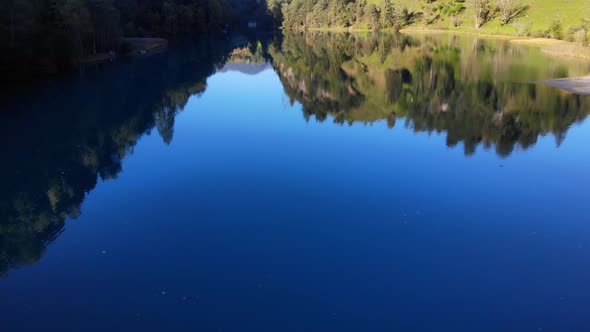 Beautiful Reflection Of Lush Vegetation On Lake Klammsee In Austria - aerial drone shot alt