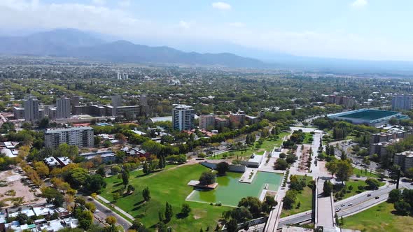 Central park Lagoon (Mendoza, Argentina) aerial view, drone footage alt