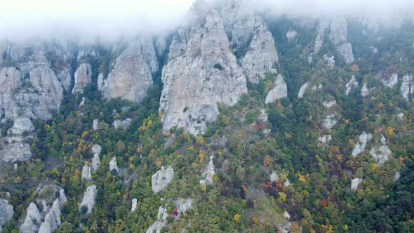 Aerial Footage Above a Foggy Mountain During Fall Season