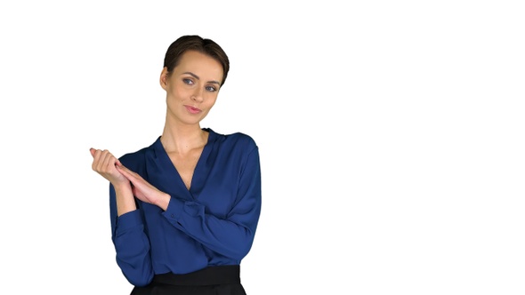 Beautiful young woman thinking, day dreaming on white background. alt