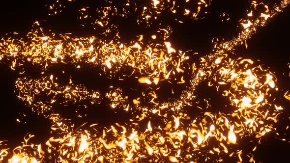 Golden Glow Particles Rotate and Fly Up Curve on Black Background alt