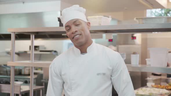 Chef standing in commercial kitchen alt
