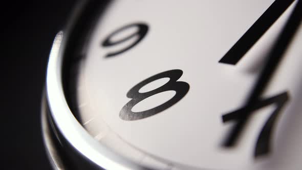 CLOSEUP, modern clock hands in timelapse pass the digits alt