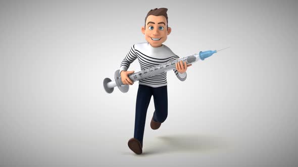 Fun 3D cartoon character running with a syringe alt