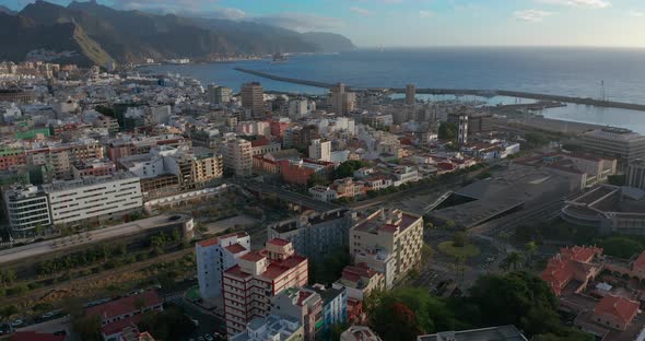 Arial View. Santa Cruz Harbour at Sunrise From the Sea, Tenerife, Canary Islands. alt