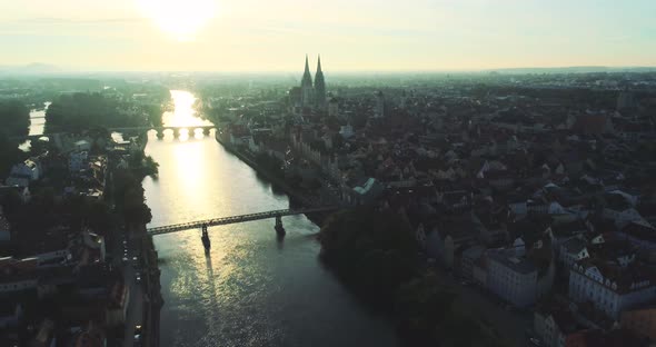 Drone shot of Regensburg and the old town in golden October alt