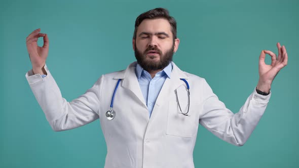 Calm Doctor in White Medical Coat Relaxing Meditating alt