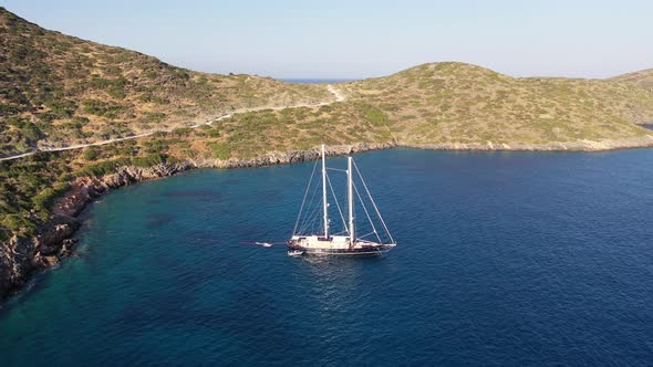 Aerial View of a Yaht Moored Near Spinalonga Island, Crete, Greece