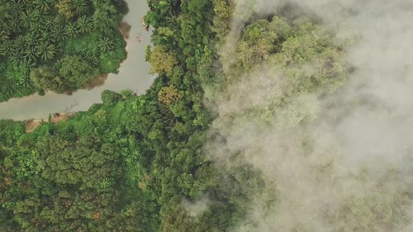 Aerial Top View Above the Mountain Fog and River