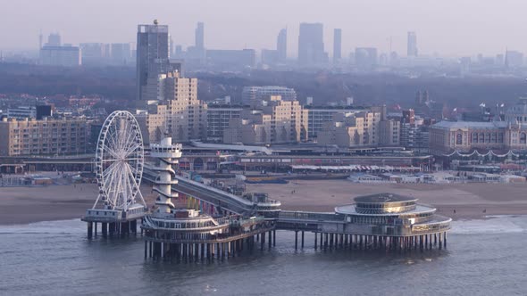Aerial view of Scheveningen pier with white ferris wheel; The Hague alt