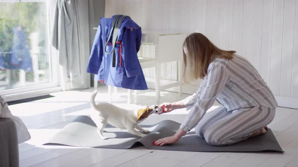 Woman Playing with Dog in Morning alt