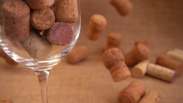 Wine corks fall on burlap against a background of wineglass. Slow motion. alt