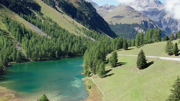 Aerial View Mountain Valley with Alpine Palpuogna Lake in Albulapass Swiss Alps alt
