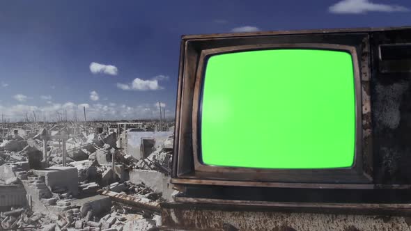 Vintage Television Set turning on Green Screen with Color Bars in a Dead City. Zoom Out. alt