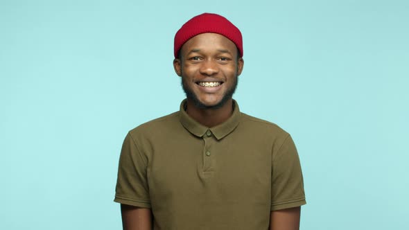 Slow Motion of Happy African American Male Model with Braces on Teeth Saying Yes Nod in Approval