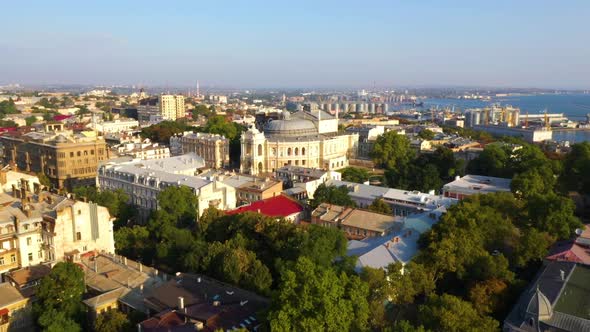 Aerial Drone Footage of Odessa City Green Trees Streets TV Tower Ukraine
