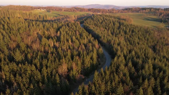 Aerial tracking shot of a white car driving along a curved forest road at sunset. Wide angle drone f alt