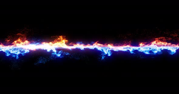 Fiery red and icy blue line of energy visual effect loop.  Abstract flames dancing in a line.