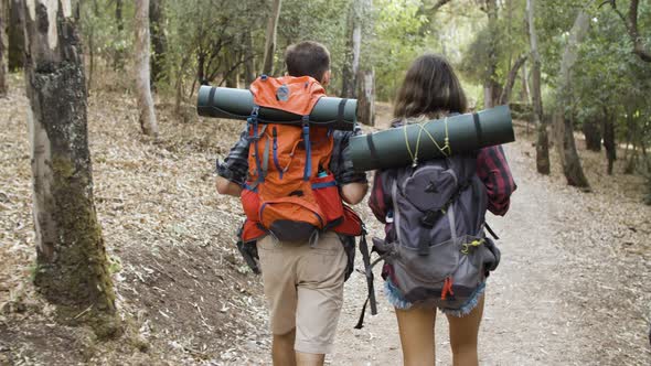 Two Active Travelers with Backpacks Walking in Forest alt