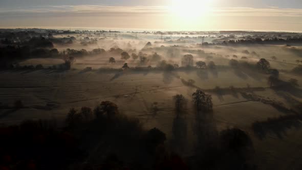 Misty Winter Morning Landscape Aerial Balsall Common West Midlands UK Colour Graded