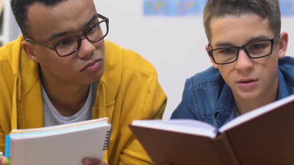 Two Best School Friends Preparing for Upcoming Exams, Doing Homework Together alt