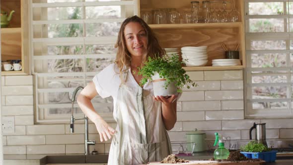 Portrait of smiling caucasian woman holding potted plant, standing in sunny cottage kitchen alt