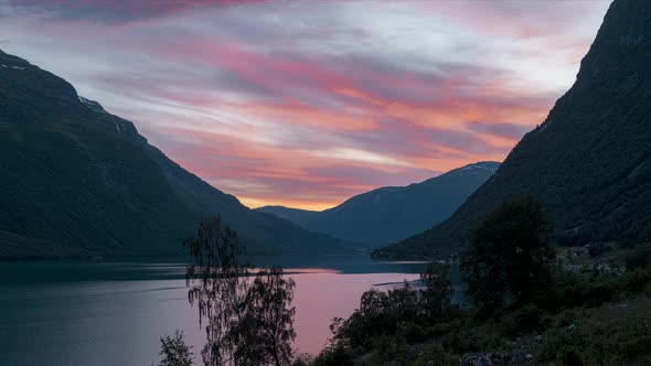 Beautiful View Of Lovatnet Lake In Loen, Norway During Sunset - timelapse alt