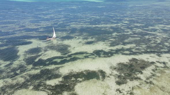 Aerial View of a Boat in the Ocean Near the Coast of Zanzibar Tanzania alt