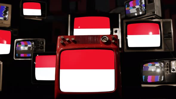 Flag of Indonesia on Retro TVs. 4K.