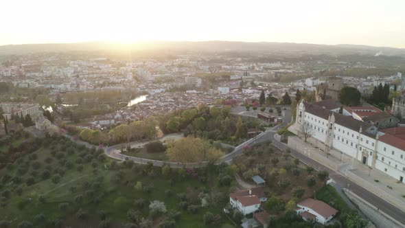 Aerial drone view of Tomar and Convento de cristo christ convent in Portugal alt