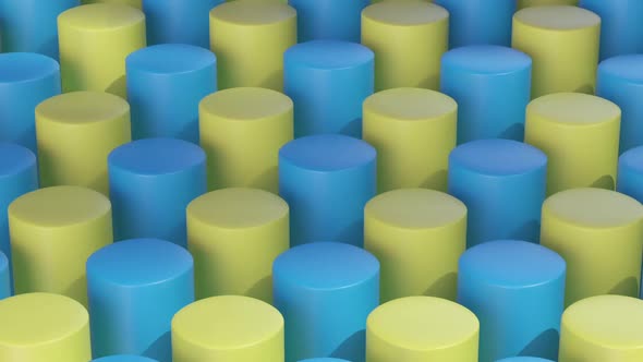 Isometric Blue Yellow Cylinders Pattern Moving Diagonally. Seamlessly Loopable Animation
