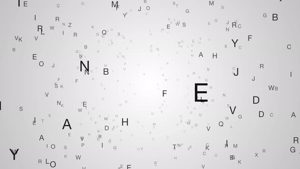 An abstract alphabet explosion animation, camera orbiting to the right alt