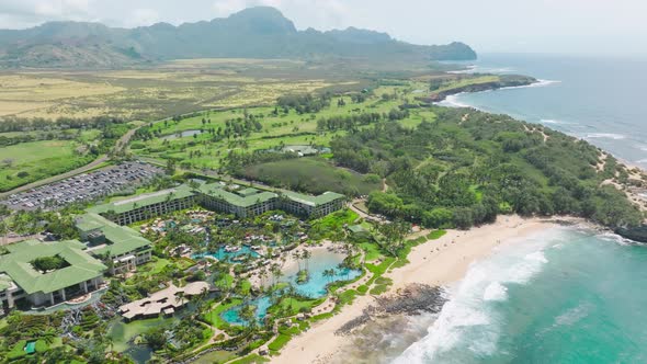 Tropical Beach on Kauai Island Hawaii USA Sandy Beach with Palms and Blue Ocean alt