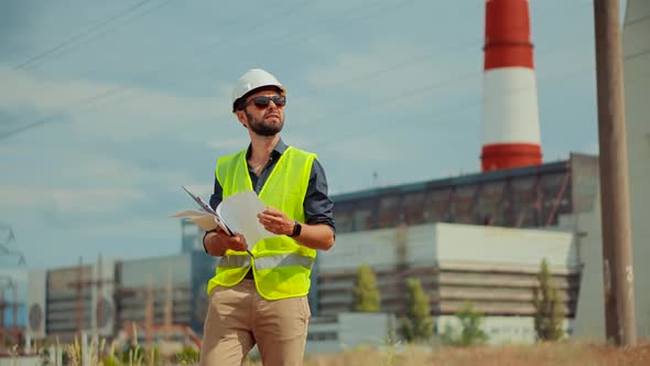 Constructor Inspect High Voltage Tower. Electrical Engineer In Helmet Power Line. alt