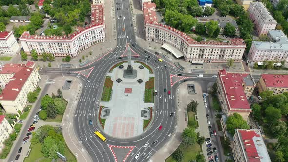 Top View of Victory Square in Minsk.Bird's-eye View of the City of Minsk and Victory square. Belarus alt