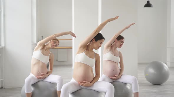 Young Pretty Pregnant Woman in Sportive Outfit Stretching Body in Studio