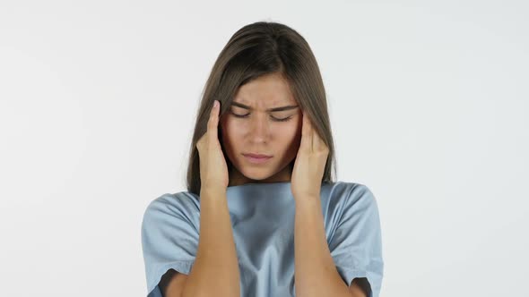 Headache for Tense Beautiful Girl, White Background in Studio alt