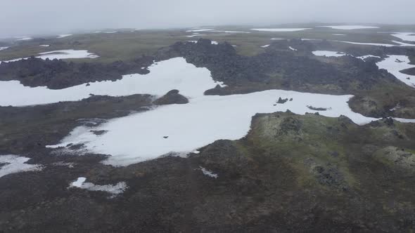 The Magma Stone Field of Gorely Volcano Covered with Fog