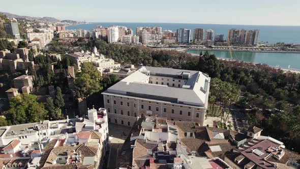 Malaga fine art museum next to Alcazaba fort, Costa del Sol; aerial