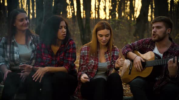 Amiable Tourists By Campfire Singing Songs with Guitar in Dark Forest alt