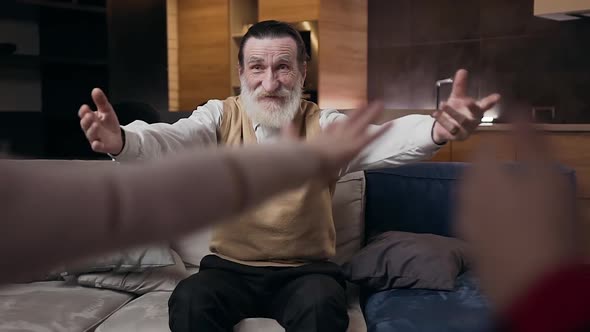 Granddad which Embracing His Teenage Granddaughter and Grandson and Falling with Them alt