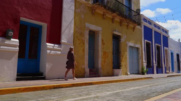Female Tourist Walking Along Streets of Campeche City in Mexico