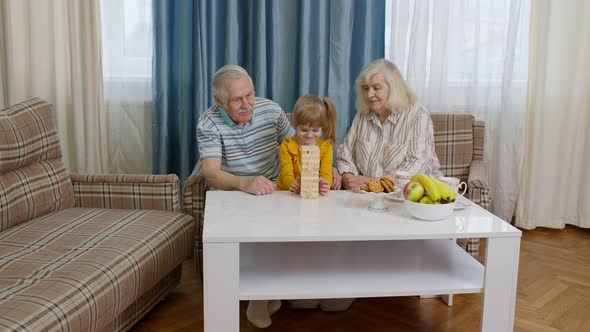 Senior Couple Grandparents with Child Kid Granddaughter Playing Game with Wooden Blocks at Home alt